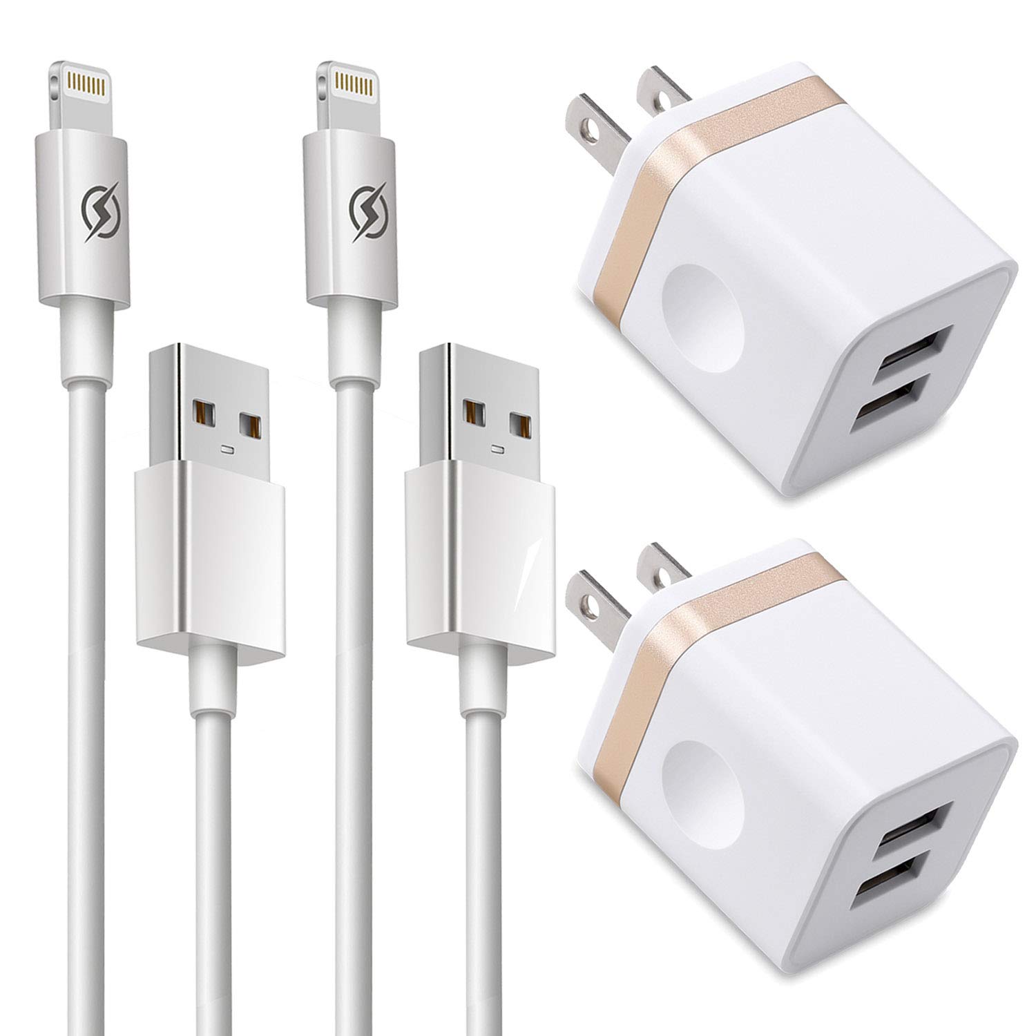 Phone Charger 6ft (4in1 Pack), DENWAN 6-Foot Flexible Charging/Sync USB Cable and 2.1A/5V Dual Port Wall Plug Adapter Compatible with Phone XS/XR/X 8/7/6/Plus SE/5S/5C (UL Certified) Gold